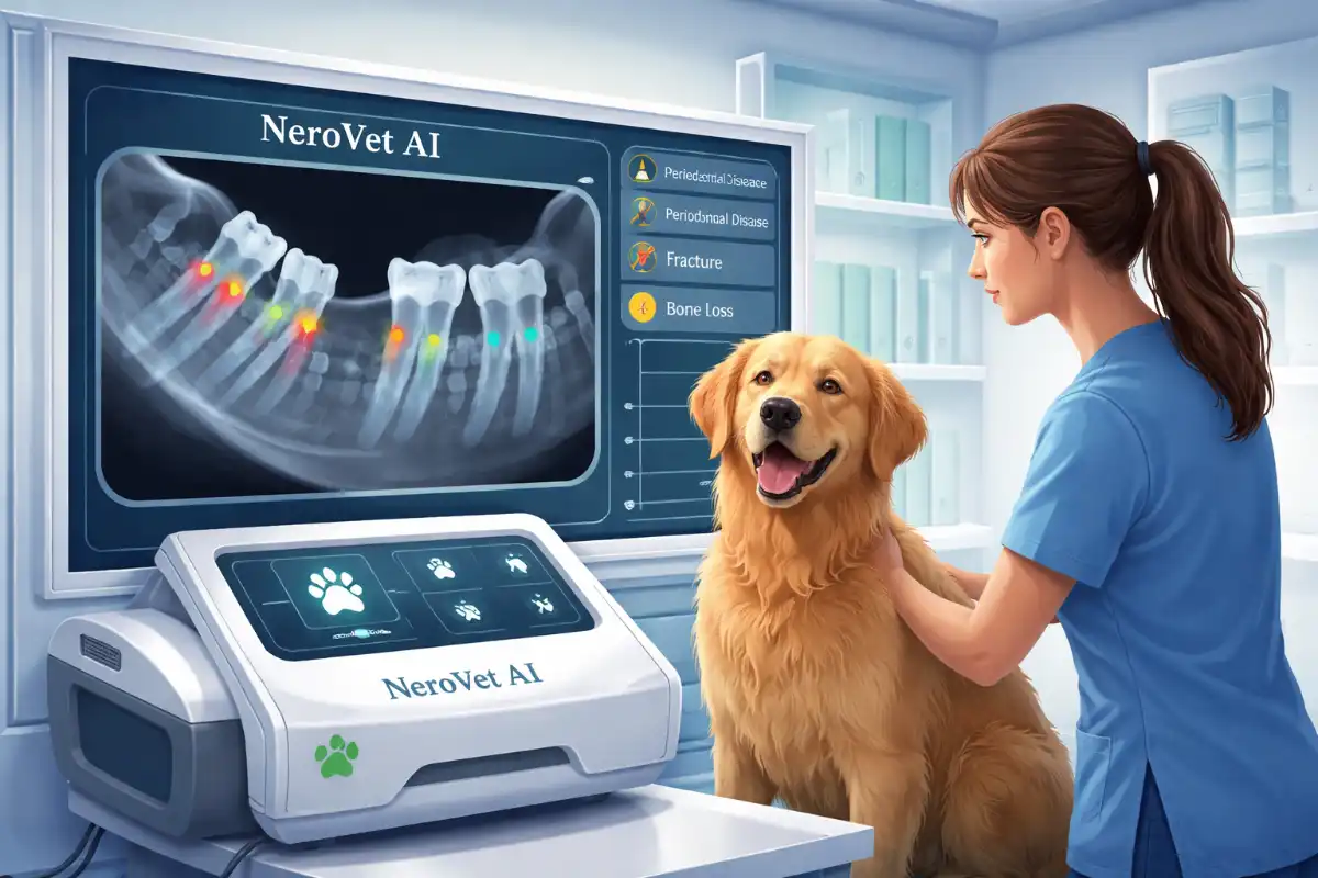 AI-powered NeroVet dental scanner analyzing pet X-ray for early detection of periodontal disease