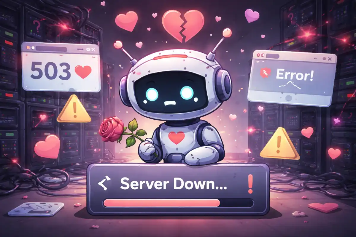 Character AI servers down on Valentine’s Day 2026 with sad robot and server error message