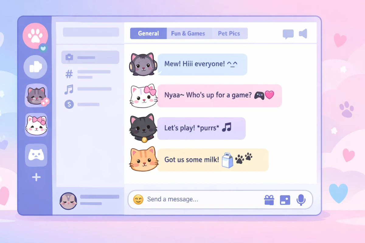 Simple illustration of an eKitten Discord server chat with cute cat avatars and pastel theme