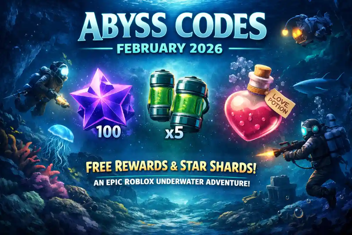 Abyss Codes February 2026 promotional image showing underwater divers, Star Shards, Oxygen Pods, and Love Potion rewards in Roblox Abyss.
