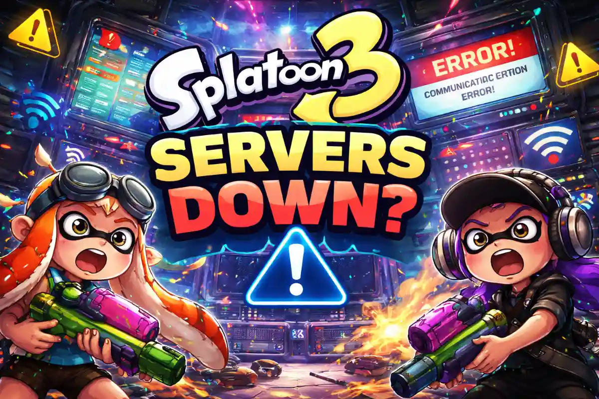 Splatoon 3 servers down error screen with Inklings holding ink weapons and warning symbol