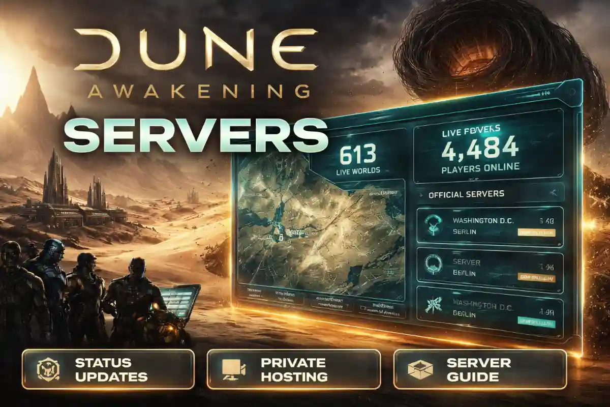 Dune Awakening server status dashboard showing active worlds and private server options