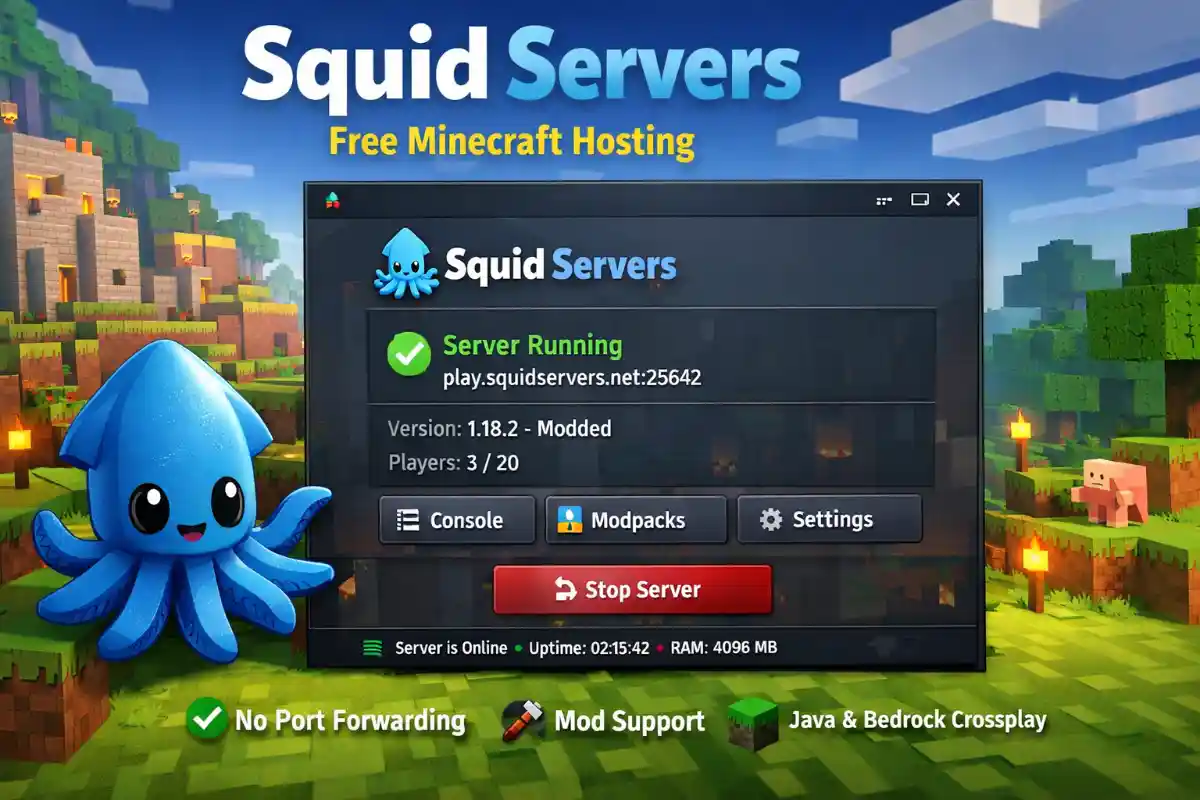 Squid Servers desktop app interface hosting a free Minecraft server