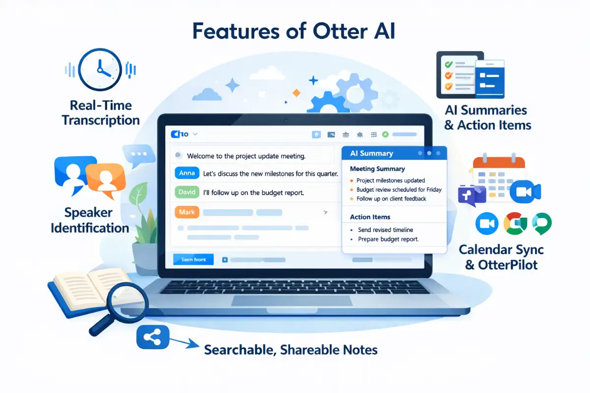 Otter AI features showing real-time transcription, speaker identification, and AI meeting summaries