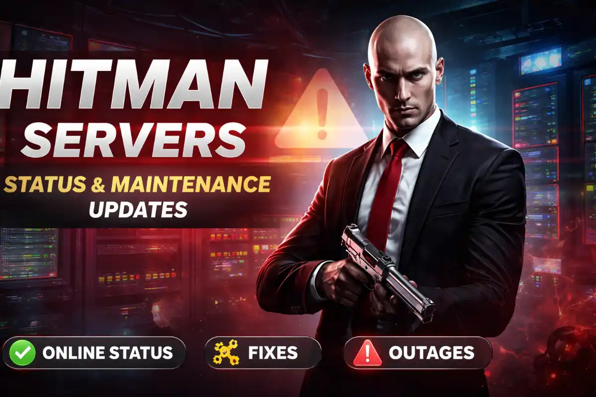 Hitman World of Assassination server status update showing Agent 47 during maintenance