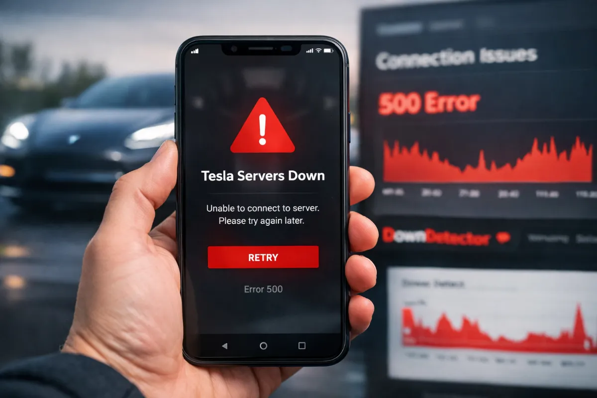 Tesla servers down error displayed on mobile app with 500 server issue