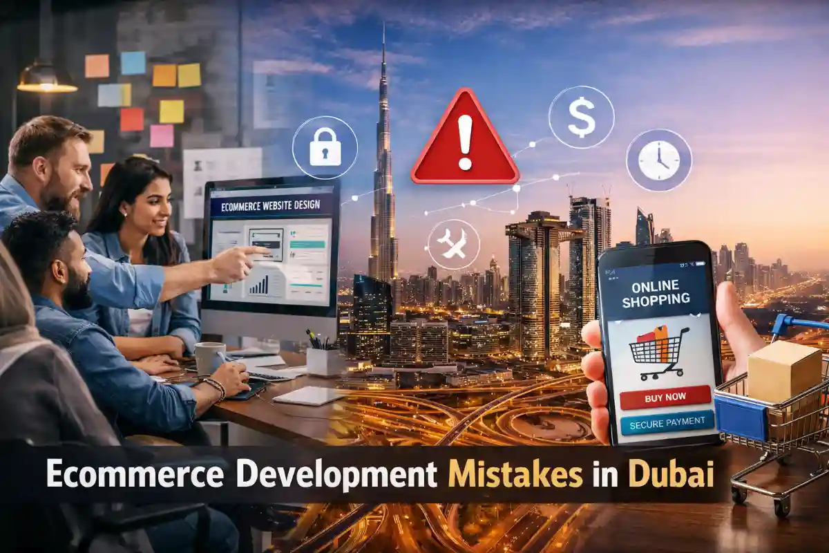 Ecommerce development team working on online store project in Dubai skyline background