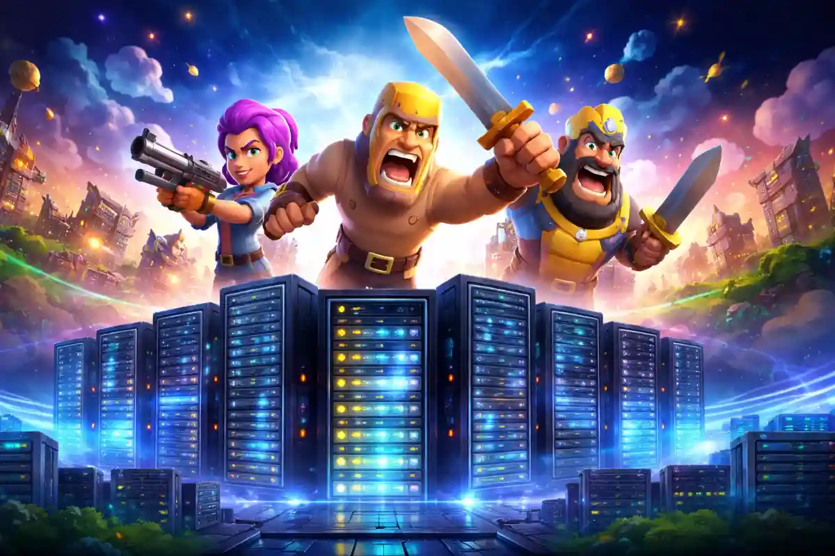 Supercell game servers powering Clash of Clans, Brawl Stars, and Clash Royale with futuristic data center illustration