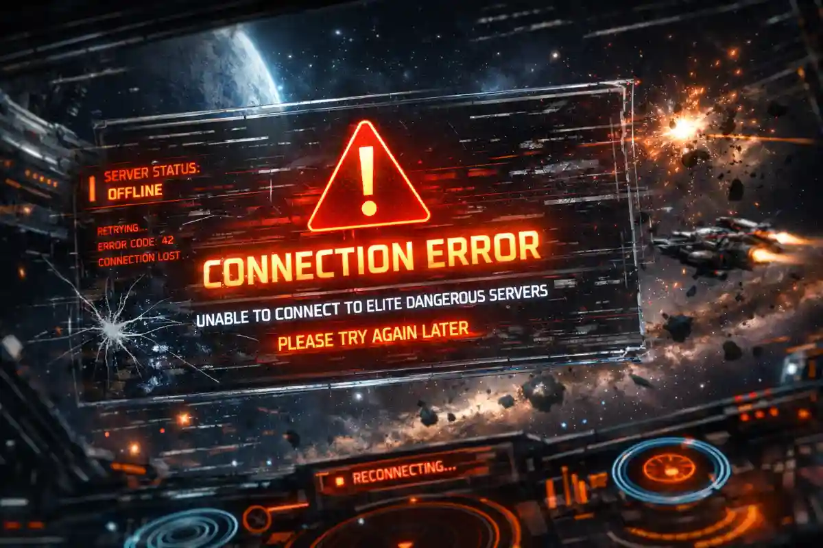 Elite Dangerous spaceship cockpit view during online gameplay with galaxy background