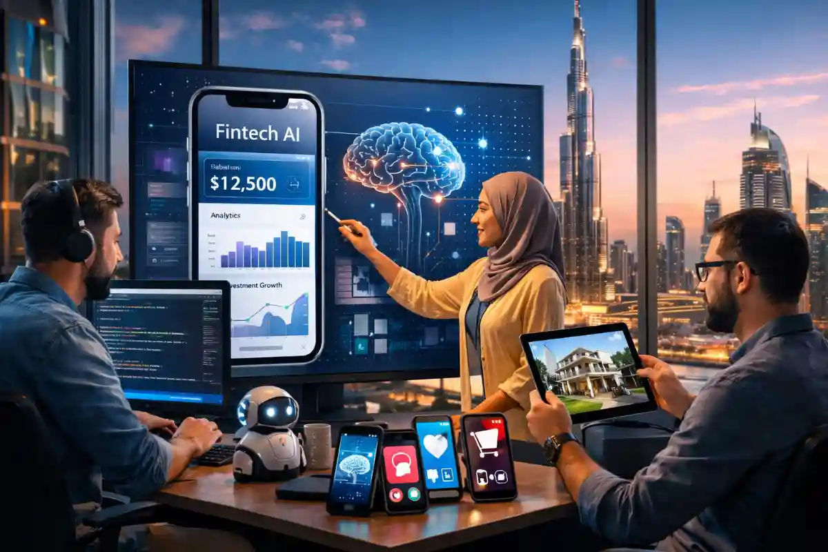 iOS app developers working in Dubai tech office building AI-powered mobile applications