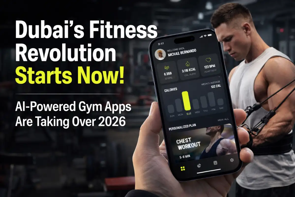 Al-powered fitness app interface with workout tracking in Dubai gym