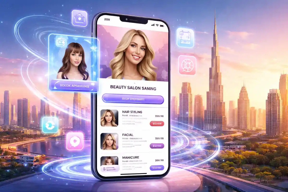 Beauty salon mobile app development concept in Dubai with AI booking and AR virtual try-on features