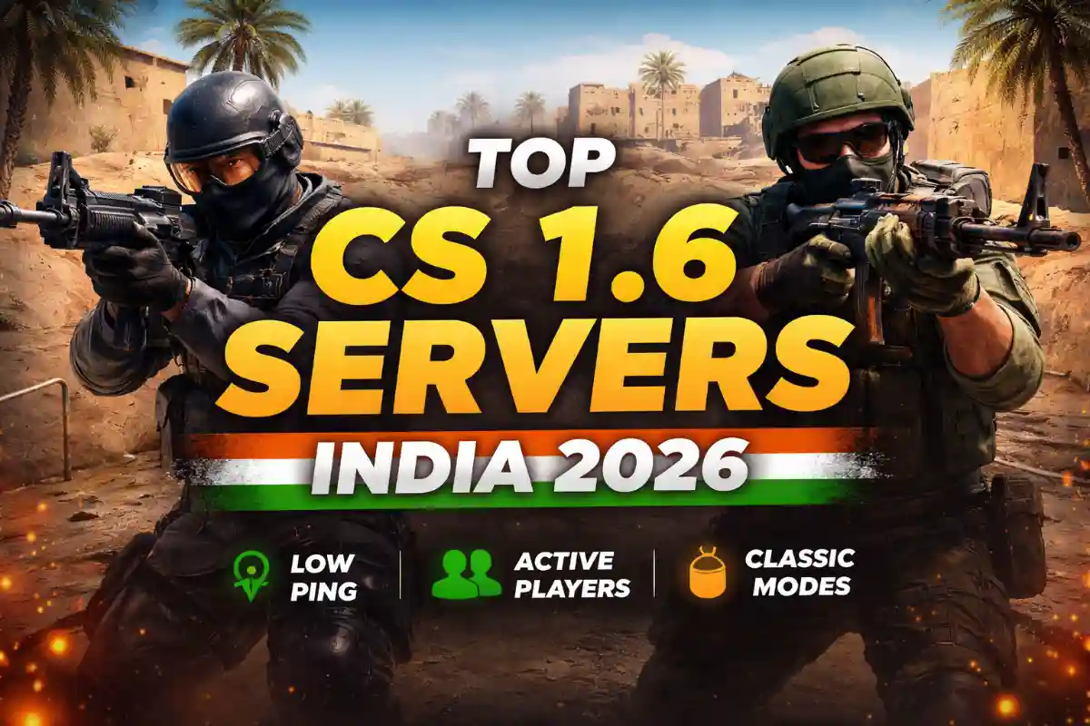 Top CS 1.6 servers in India 2026 banner with low ping and active players