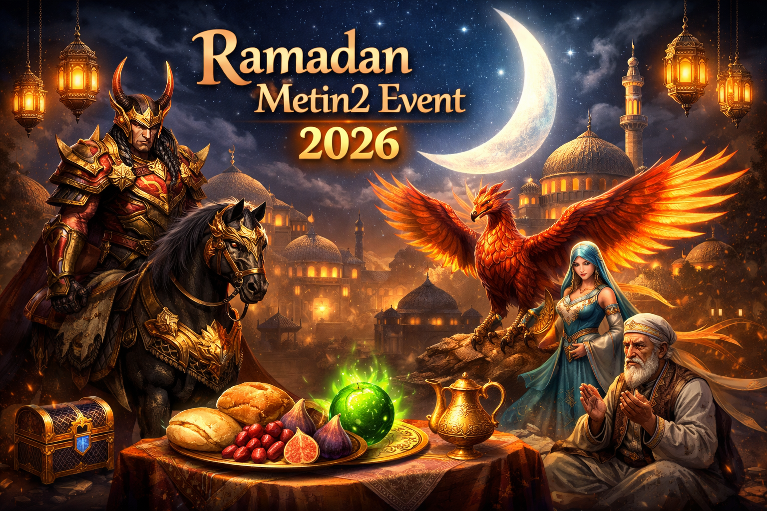 Ramadan Metin2 Event 2026 featuring Dragon Knight, Phoenix mount, crescent moon, and festive Islamic-themed background
