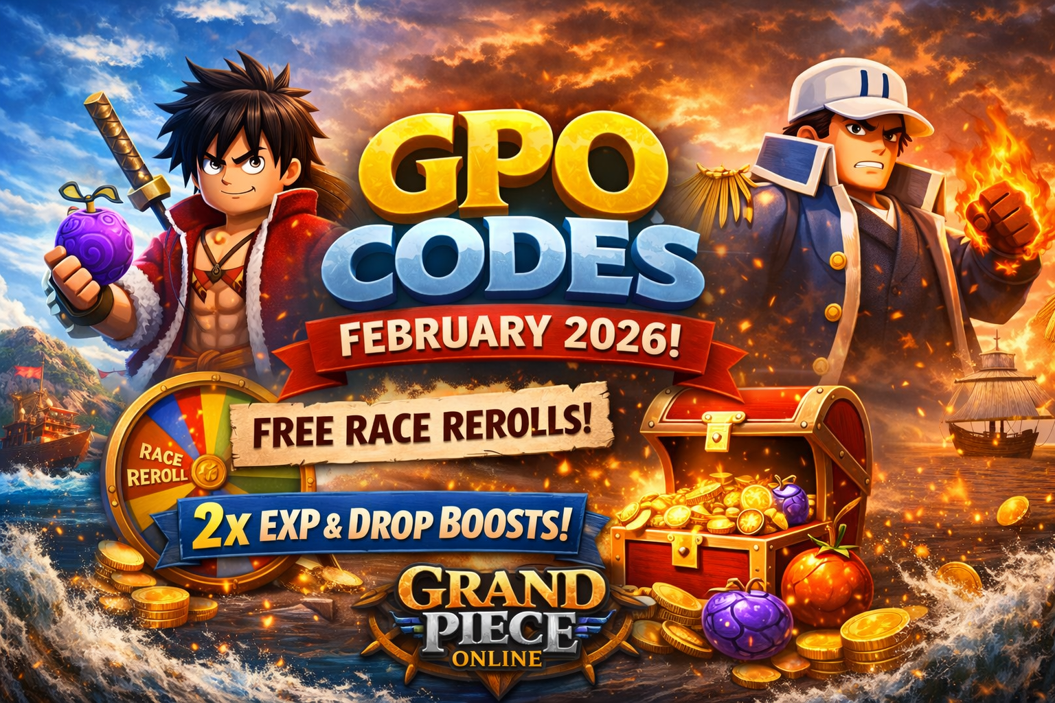 GPO Codes February 2026 featuring free race rerolls, 2x EXP boosts, and drop rate bonuses in Grand Piece Online.