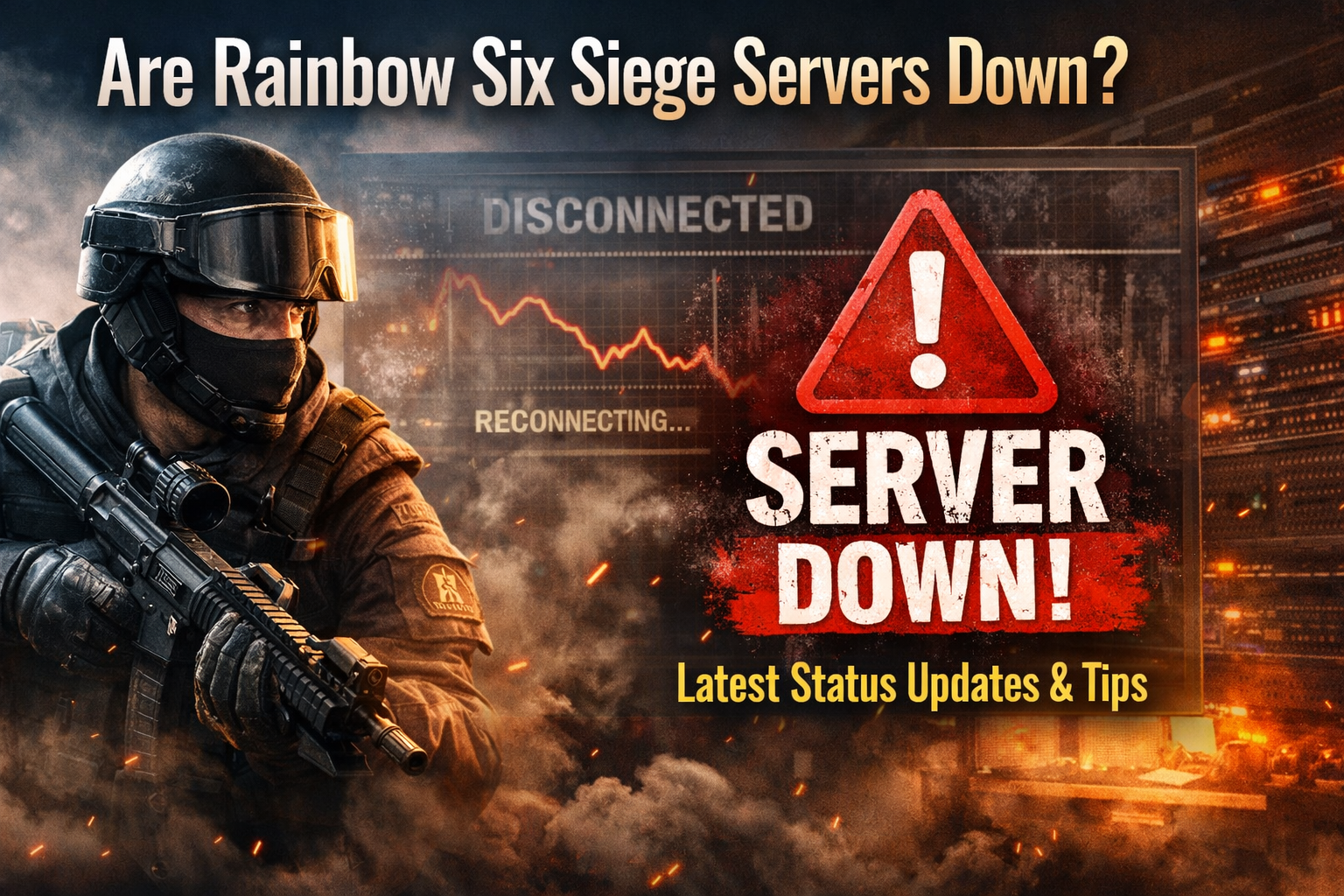 Rainbow Six Siege server down alert screen with disconnected warning and tactical operator background