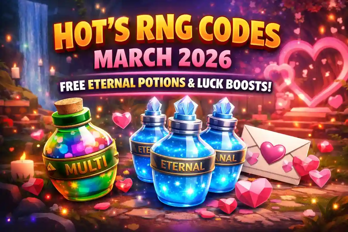 Hot’s RNG codes March 2026 showing Eternal Potions, Multi Potions and Valentine Event rewards in Roblox