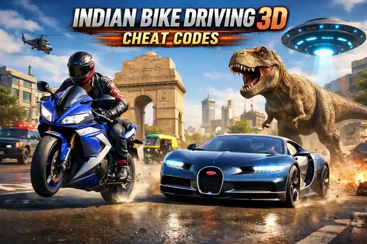 Indian Bike Driving 3D cheat codes 2026 featuring superbike, Bugatti, T-Rex and UFO in city