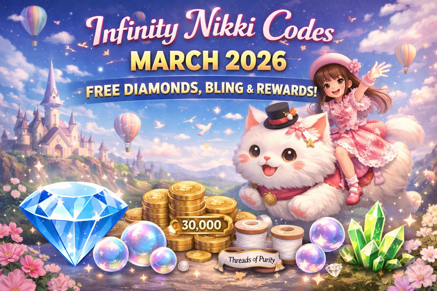 Infinity Nikki Codes March 2026 promotional banner featuring Nikki riding Momo in a fantasy world with Diamonds, Bling coins, Shiny Bubbles, Threads of Purity, and glowing crystals